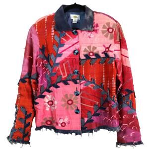 Vintage 90s Sandy Starkman SILK Cotton Art Jacket Mixed Media Funky Patchwork L